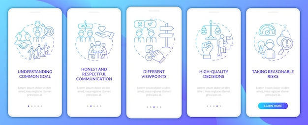 Teamwork tips blue gradient onboarding mobile app screen Company work walkthrough 5 steps graphic instructions pages with linear concepts UI UX GUI template Myriad ProBold Regular fonts used