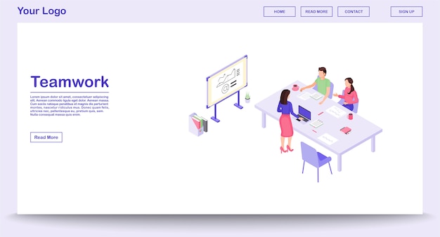 Teamwork webpage vector template with isometric illustration, landing page