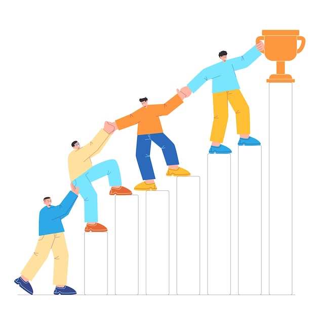 Teamwork working together achieve trophy help other climb step stair bar graph chart