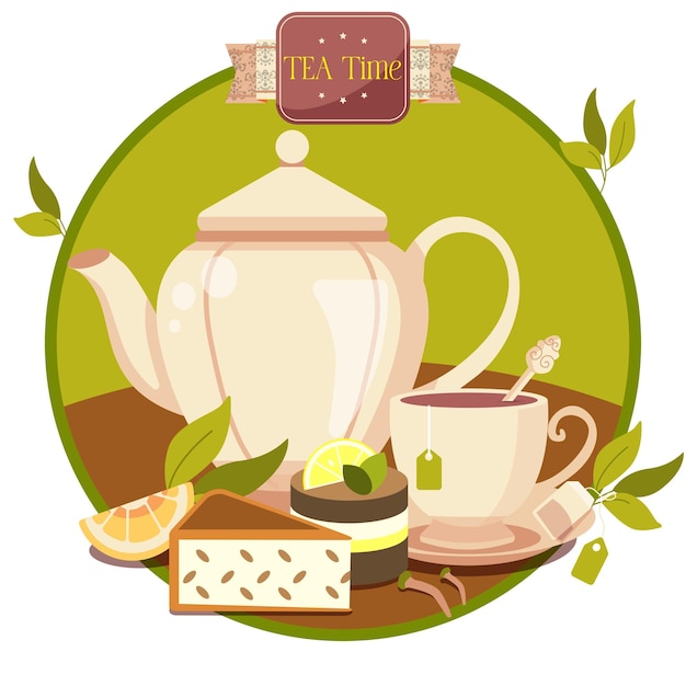 Vector teapot cup and chai set green tea vector illustration post