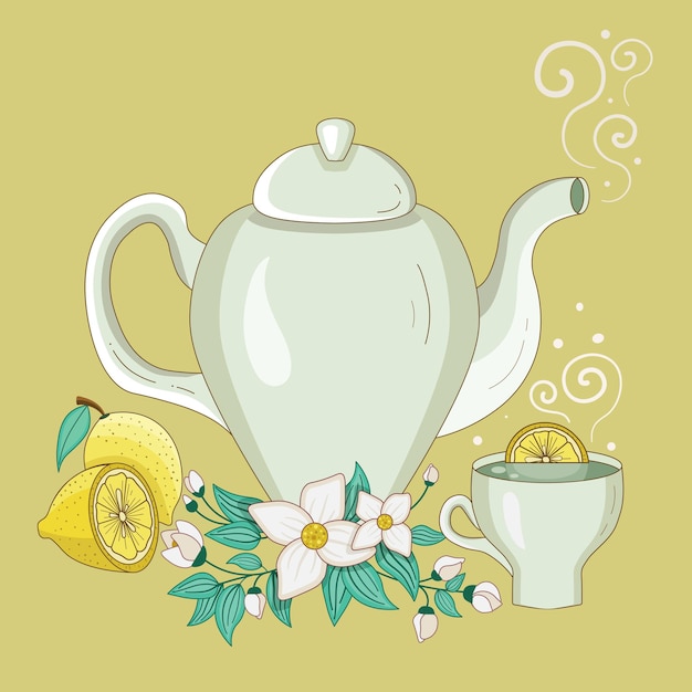 Teapot and Cup of Jasmine Tea with Lemon