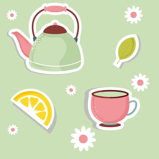 teapot and green tea illustration sticker pack with lemon