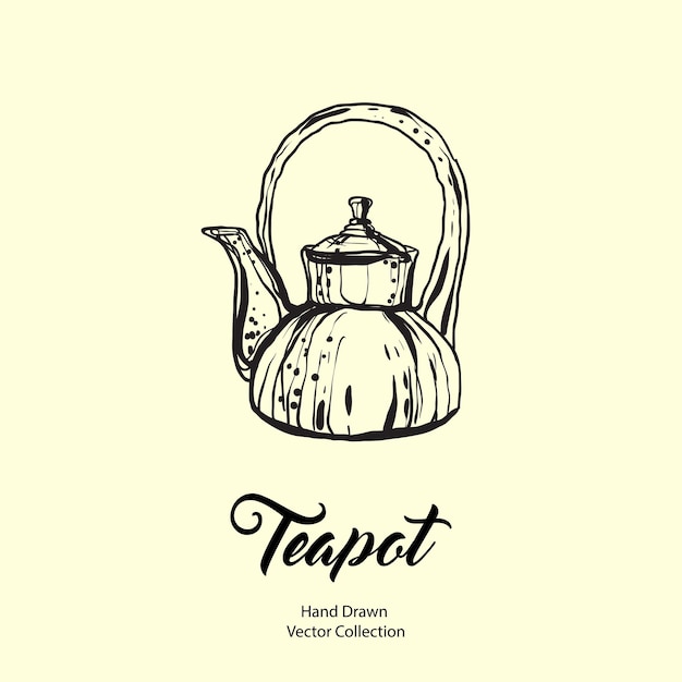 Teapot hand drawn ink vector illustration in old style. Isolated line kettle, illustration for logo, cafe menu, banner, flayer retro hand drawn style. Isolated vector logo for coffee shop, restaurant.