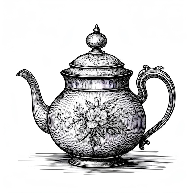 Teapot ink sketch drawing black and white engraving style vector illustration