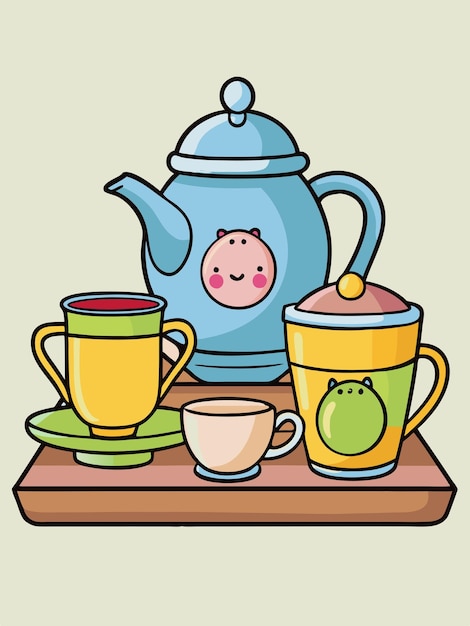 a teapot and teapot on a wooden table with teapots and cups