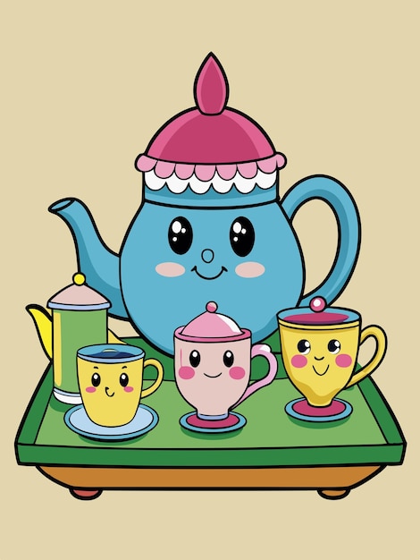 a teapot with a blue teapot on it and three teacups on the table