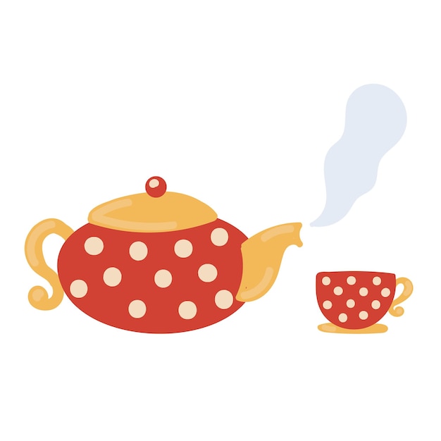 Teapot with hot steam and cup Flat vector illustration isolated on white background