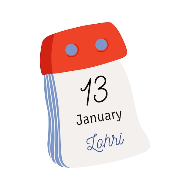 Tear-off calendar. Calendar page with Lohri date. January 13. Flat style hand drawn vector icon.