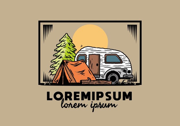 Teardrop camper and tent in front of pine tree illustration