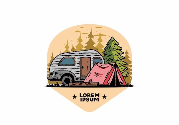 Teardrop camper and tent in front of pine tree illustration