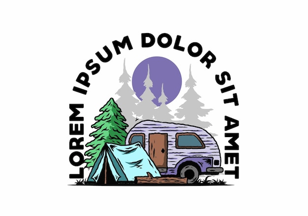 Teardrop camper and tent in front of pine tree illustration