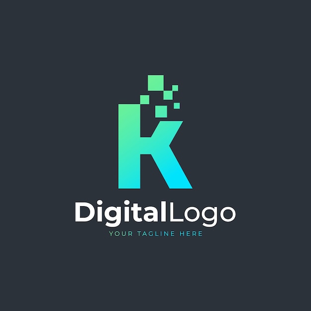 Tech Letter K Logo Blue and Green Geometric Shape with Square Pixel Dots Technology Logos