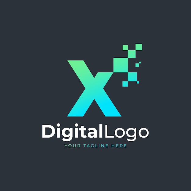 Tech Letter X Logo Blue and Green Geometric Shape with Square Pixel Dots Technology Logos