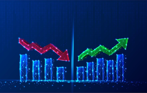 tech polygonal growth chart with going down red arrow and going up green arrow