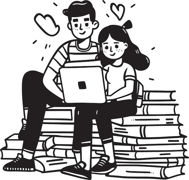 Tech Savvy Serenity Couple Engaged with Laptop on Stack of Books Vector Black Logo Literary Lounge