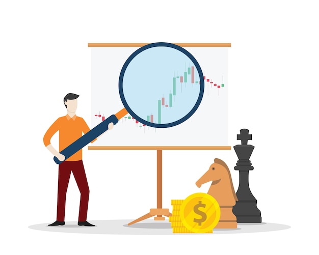 Technical analysis concept with man hold magnifying zoom tools with candle stick learning