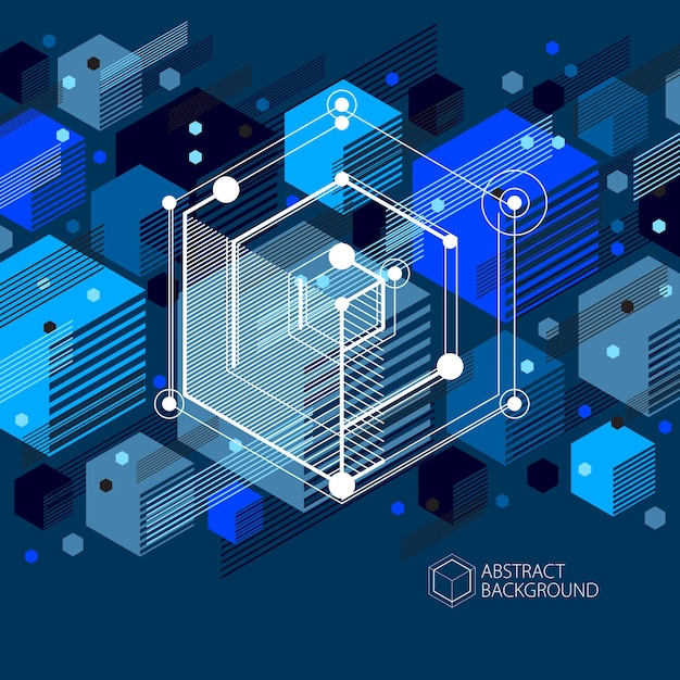 Technical blueprint, vector blue black digital background with geometric design elements, cubes. Engineering technological wallpaper made with honeycombs.