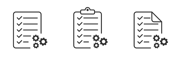 Technical check list Clipboard add gear icon set Technical support check list with cog Management business concept Linear vector illustration