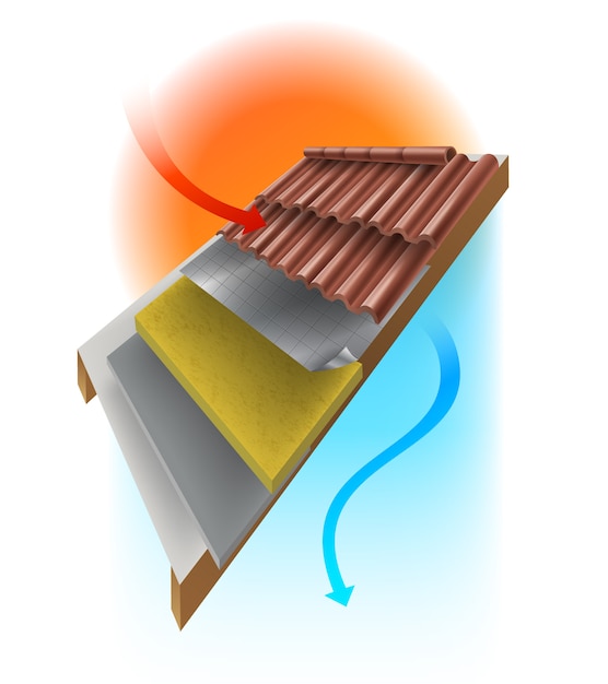 Vector technical details of the roof of the house in order to prevent the heat from the sun through the use of multi-layer insulation to keep the house cool.