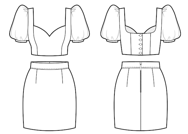 Technical drawing of blouse with wide slevees ant pencil skirt