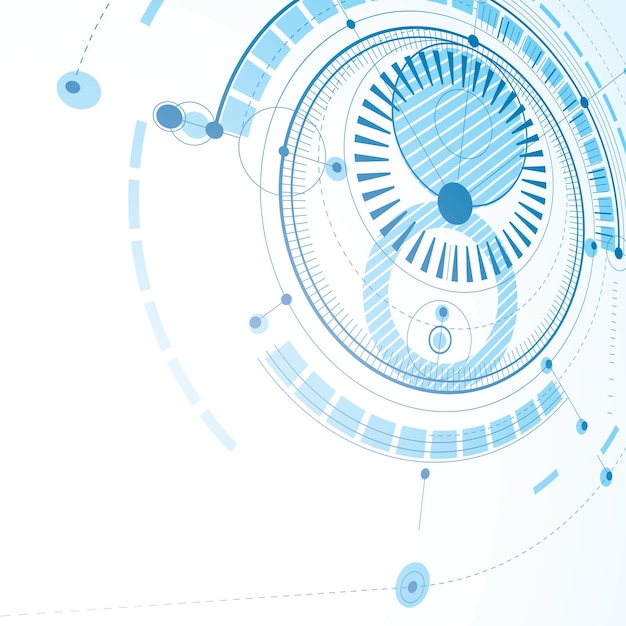 Technical drawing made using dashed lines and geometric circles. Blue perspective vector wallpaper created in communications technology style, 3d engine design.