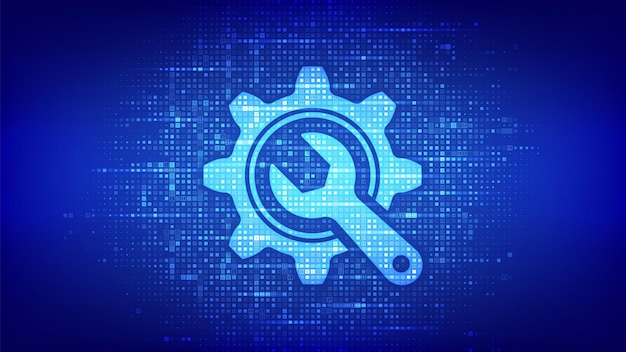 Vector technical service wrench gear icon made with binary code technical assistance online tech support