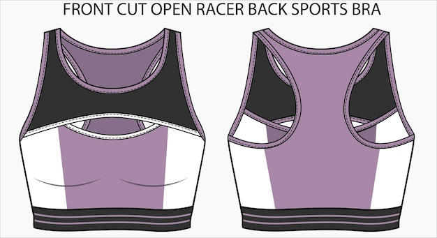 Technical Sketch of FRONT CUT OPEN RACER BACK SPORTS BRA in editable vector sketch