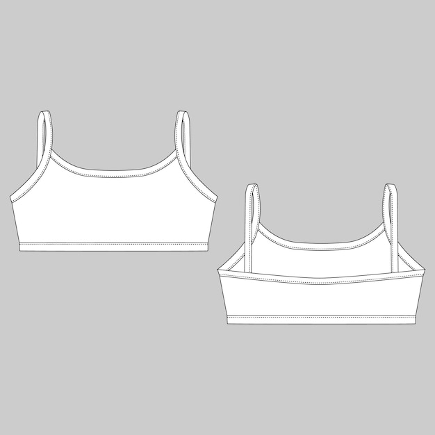 Technical sketch girl sport bra isolated on gray background. Women's underwear top design template. Children's underclothing. Front and back views. Vector illustration