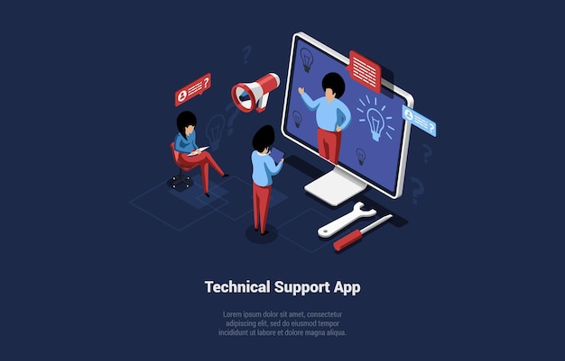 Technical Support Application Vector Illustration In Cartoon 3D Style On Dark Background. Conceptual Isometric Design. Special App For Online Help. Automated Robotic Aid Service. Website Or Program