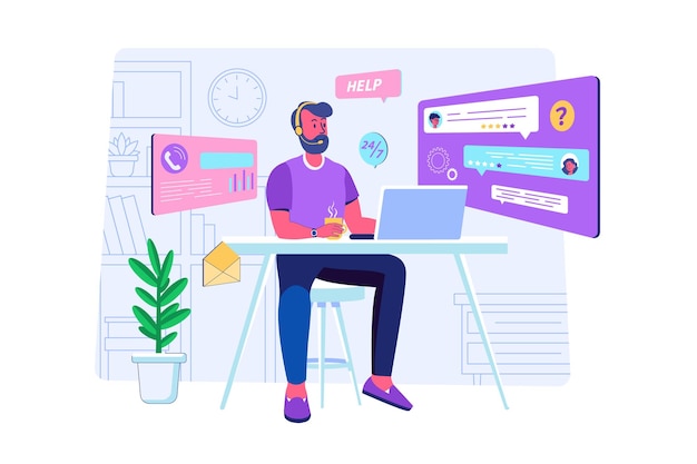 Technical support concept with people scene for web Man in headset chatting with clients and answering customer calls consulting and solving problems Vector illustration in flat perspective design