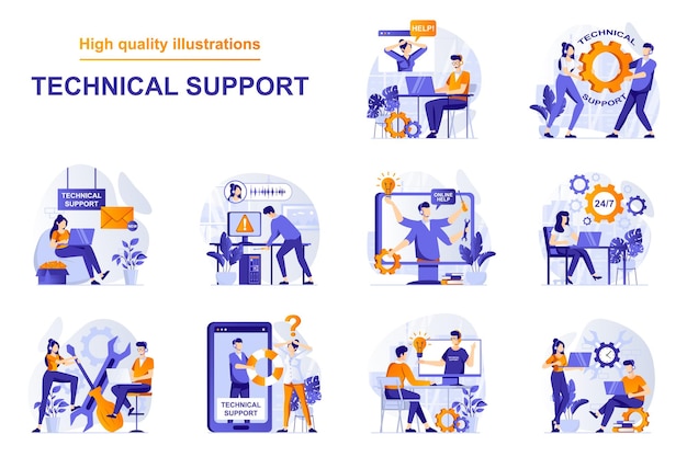 Vector technical support web concept with people scenes set in flat style bundle of customer service solvin