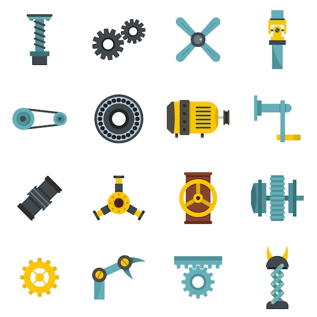 Techno mechanisms kit icons set in flat style