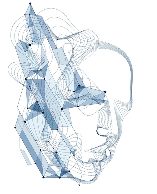 Technological evolution time, digital software soul of machine, human head vector portrait made of dotted particles flow in wave shapes lines. Beautiful futuristic illustration.