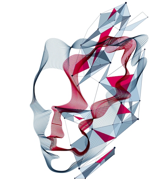 Technological time Spirit vector visualization in shape of human head made of dotted particles array flow in curve shapes, vector futuristic illustration.