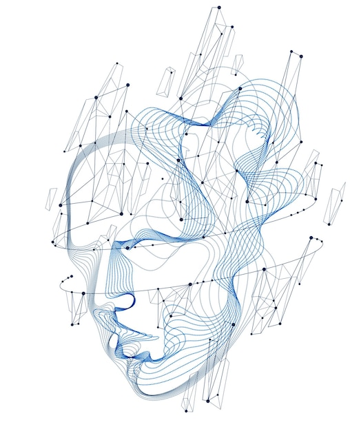 Technological time Spirit vector visualization in shape of human head made of dotted particles array flow in curve shapes, vector futuristic illustration.