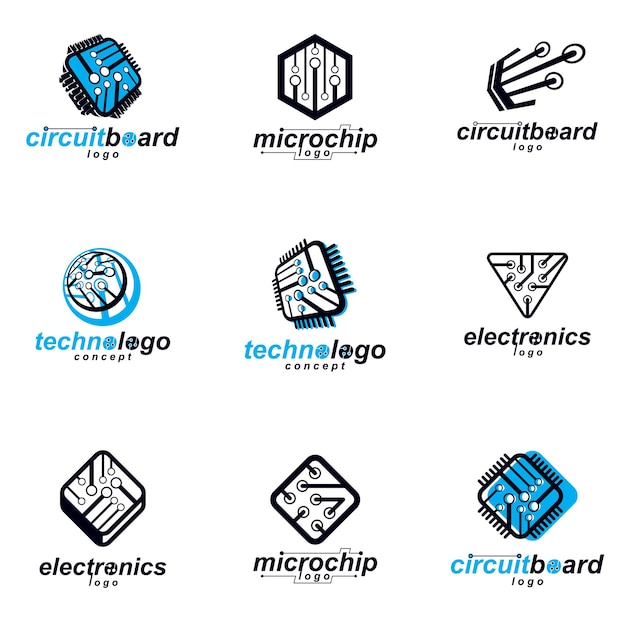 Technology communication cybernetic elements collection. Vector abstract circuit board. Set of electronic microprocessor logos.