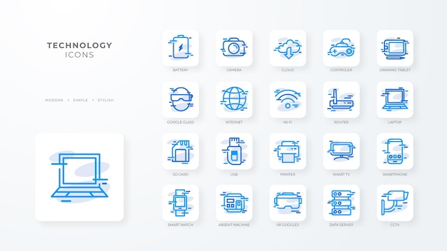 Technology icon collection with blue outline style Concept digital data abstract network internet tech Vector Illustration