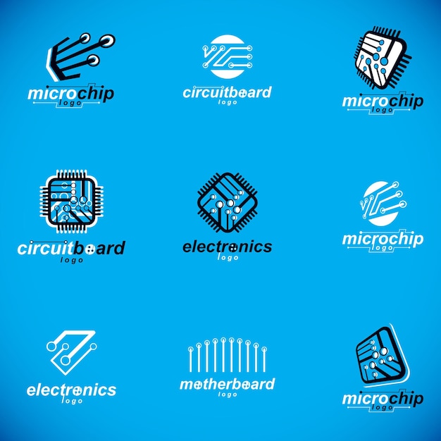 Technology innovation logos. Set of vector abstract computer circuit board, technology elements with connections. Electronics theme web design.