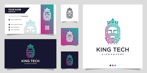 Technology logo with crown and king line art style and business card design template  