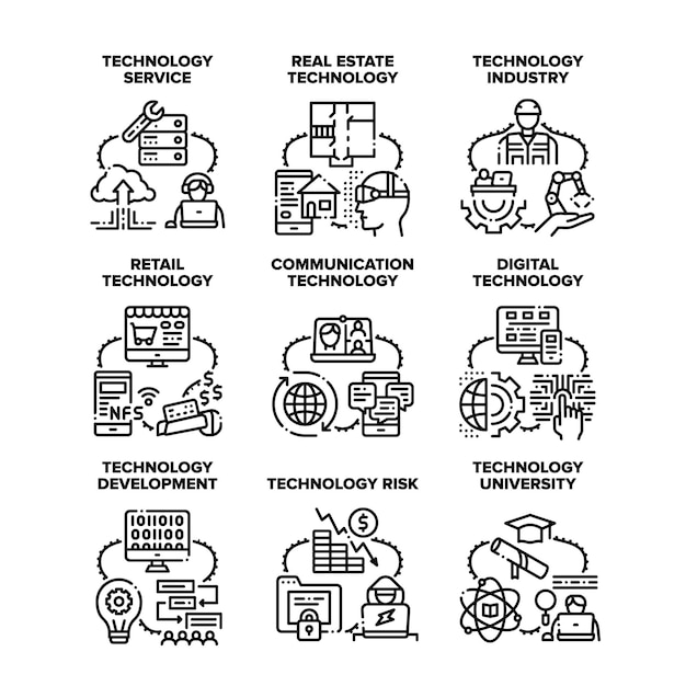 Technology Service Set Icons Vector Illustrations Digital Technology Service And Development Real Estate And Industry Retail Device And Communication Gadget University And Risk Black Illustrations