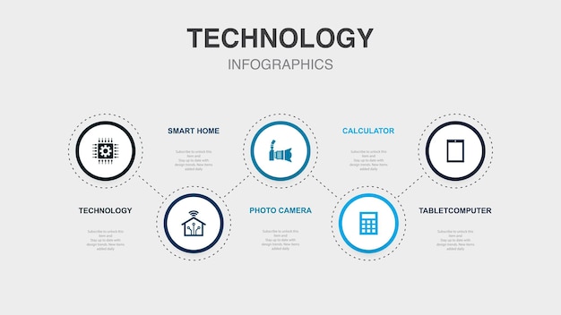 Technology smart home photo camera calculator tablet computer icons Infographic design template Creative concept with 5 steps