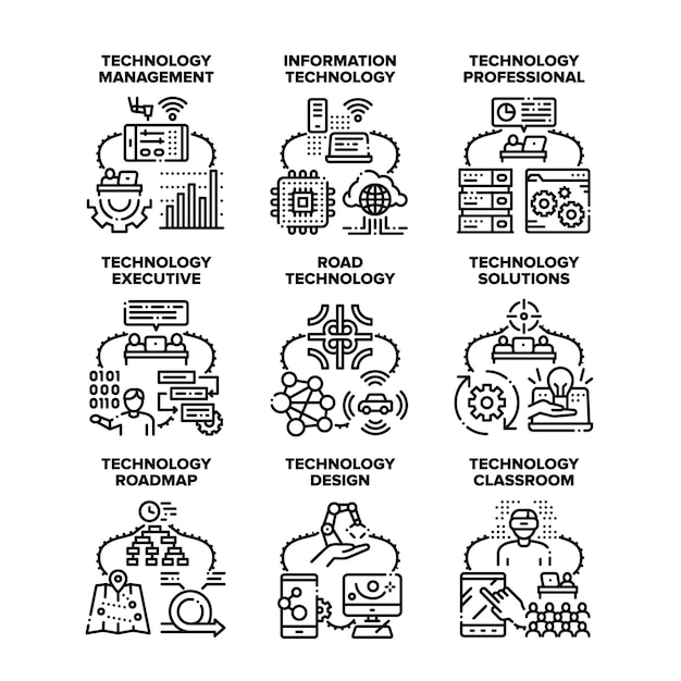 Technology Solution Set Icons Vector Illustrations. Technology Solution And Professional Management, Classroom Information And Road System, Design And Roadmap. Tech Innovation Black Illustration