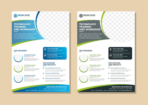 technology training and workshop flyer design template. Circle space for photo. Green and blue color