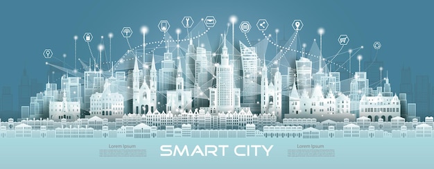 Technology wireless mesh geometric network communication icon smart city with architecture in warsaw Poland at europe for design banner technology Green city wireless network architecture in Poland