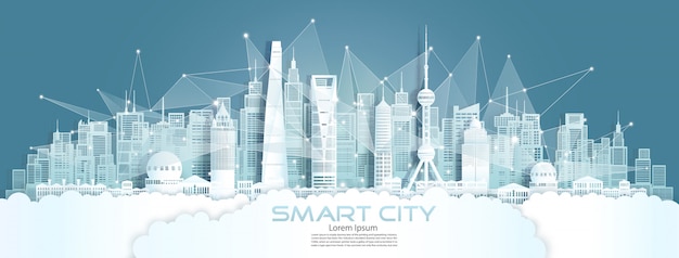 Technology wireless network communication smart city with architecture in Shanghai.