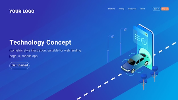 Tecnology Concept Landing page templateIsometric style illustration isolated on blue background