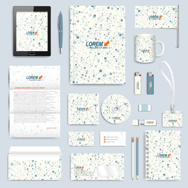 Tecnology set of corporate identity template. Modern branding stationery mock-up. Molecule and communication background. Connected lines with dots. Science, medicine or technology design