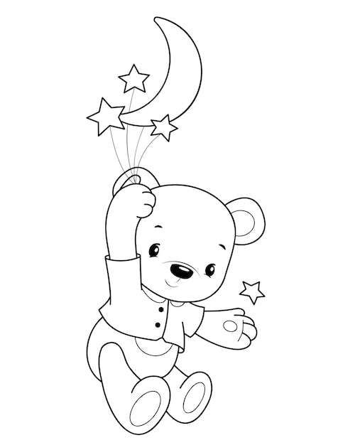 Teddy bear black and white outline illustration. Coloring book or page for kids.