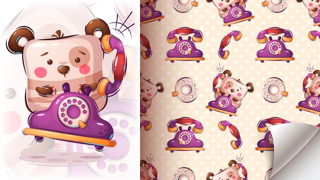 Teddy bear calls on the old phone seamless pattern