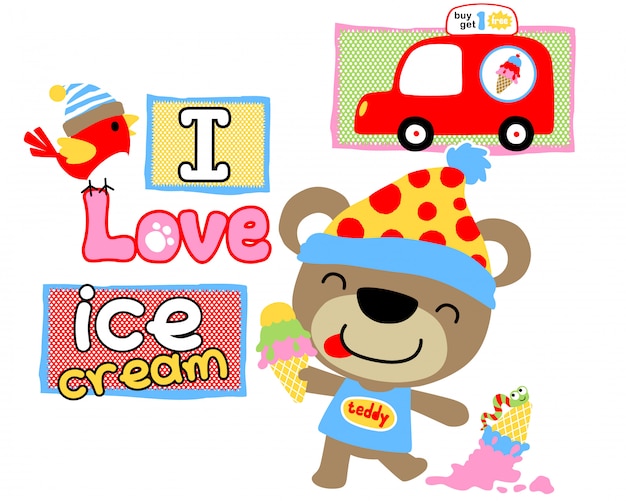 Teddy bear cartoon love ice cream